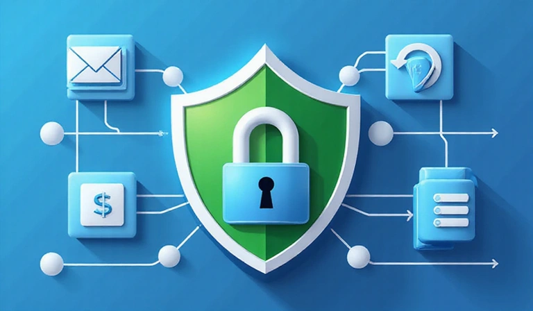 Data security illustration showing a shield protecting personal information